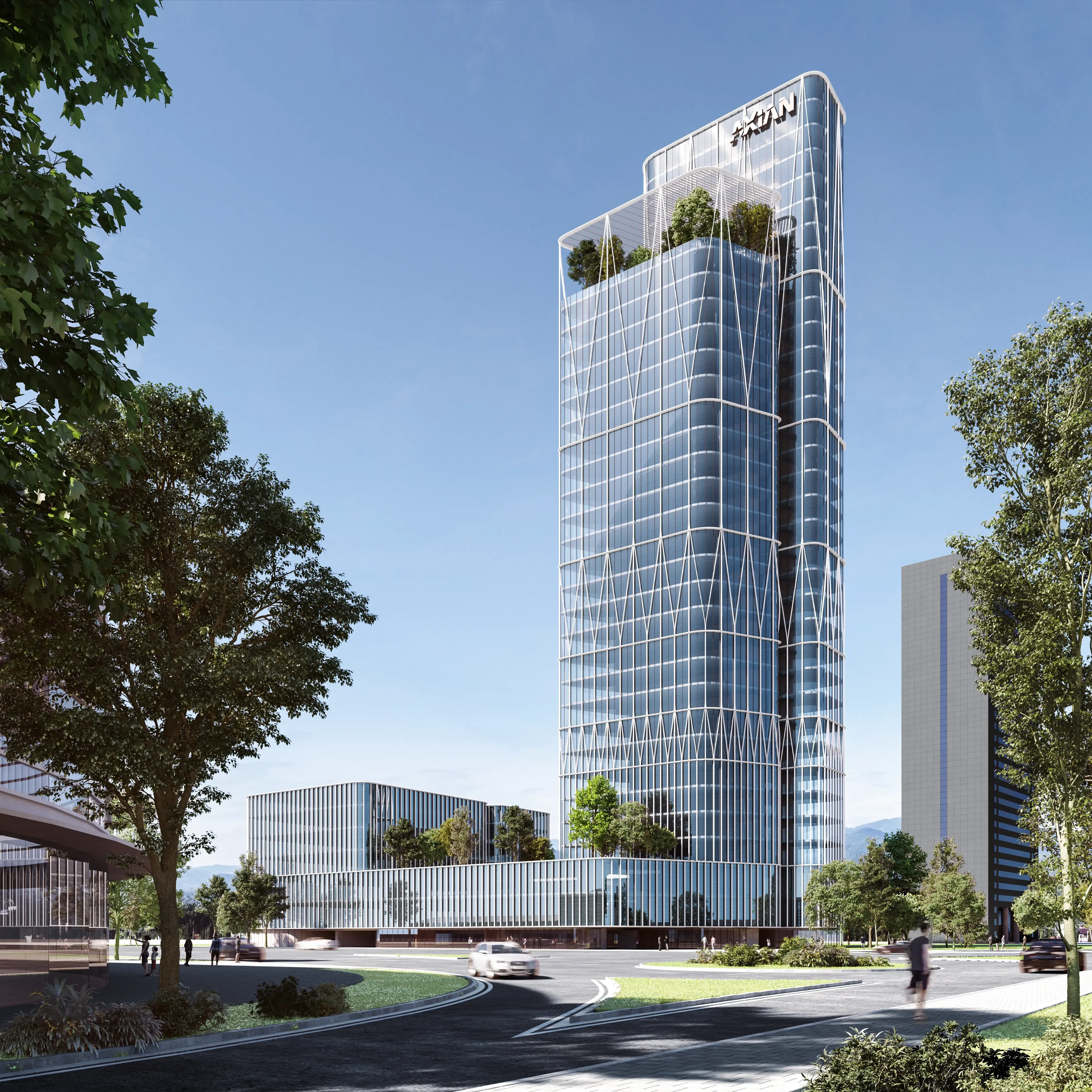 Glass-clad Luv studio tower with rooftop gardens and luxury architecture in a landscaped urban setting.
