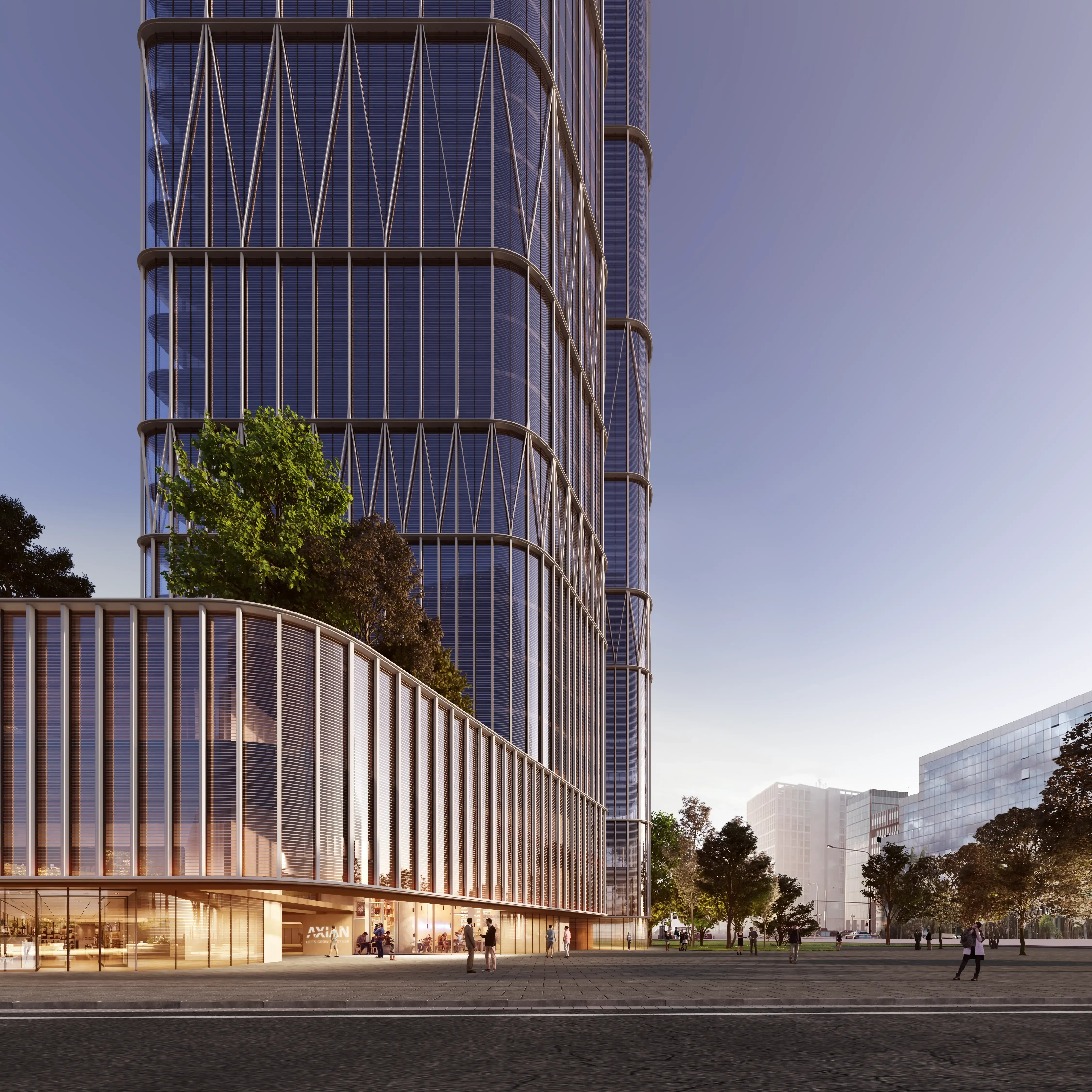Close-up of Luv studio high-rise facade with geometric lines, greenery, and luxury retail at street level.