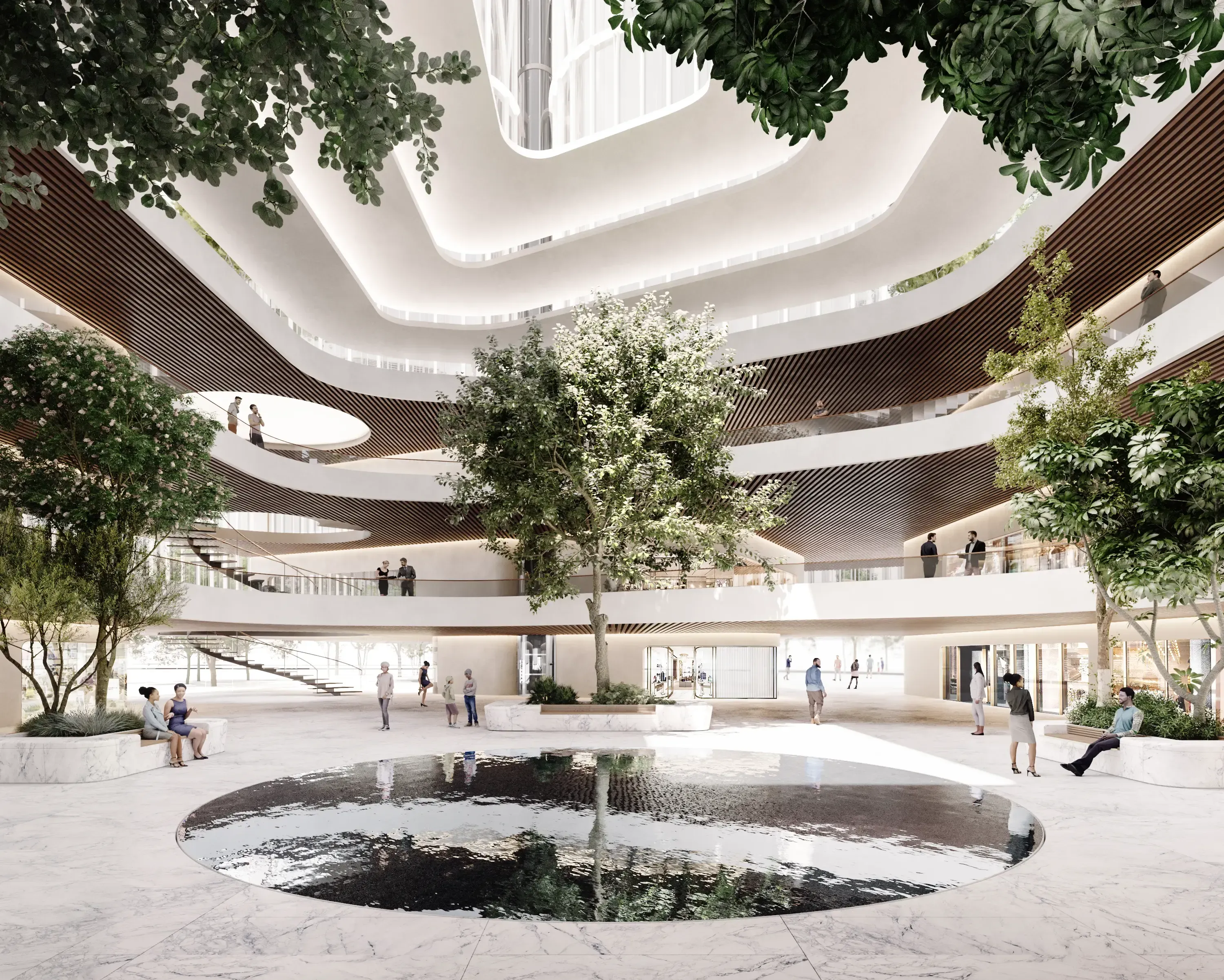 Open atrium of Axian Tower with organic architecture, central water feature, and lush indoor trees designed for a luxury commercial space.