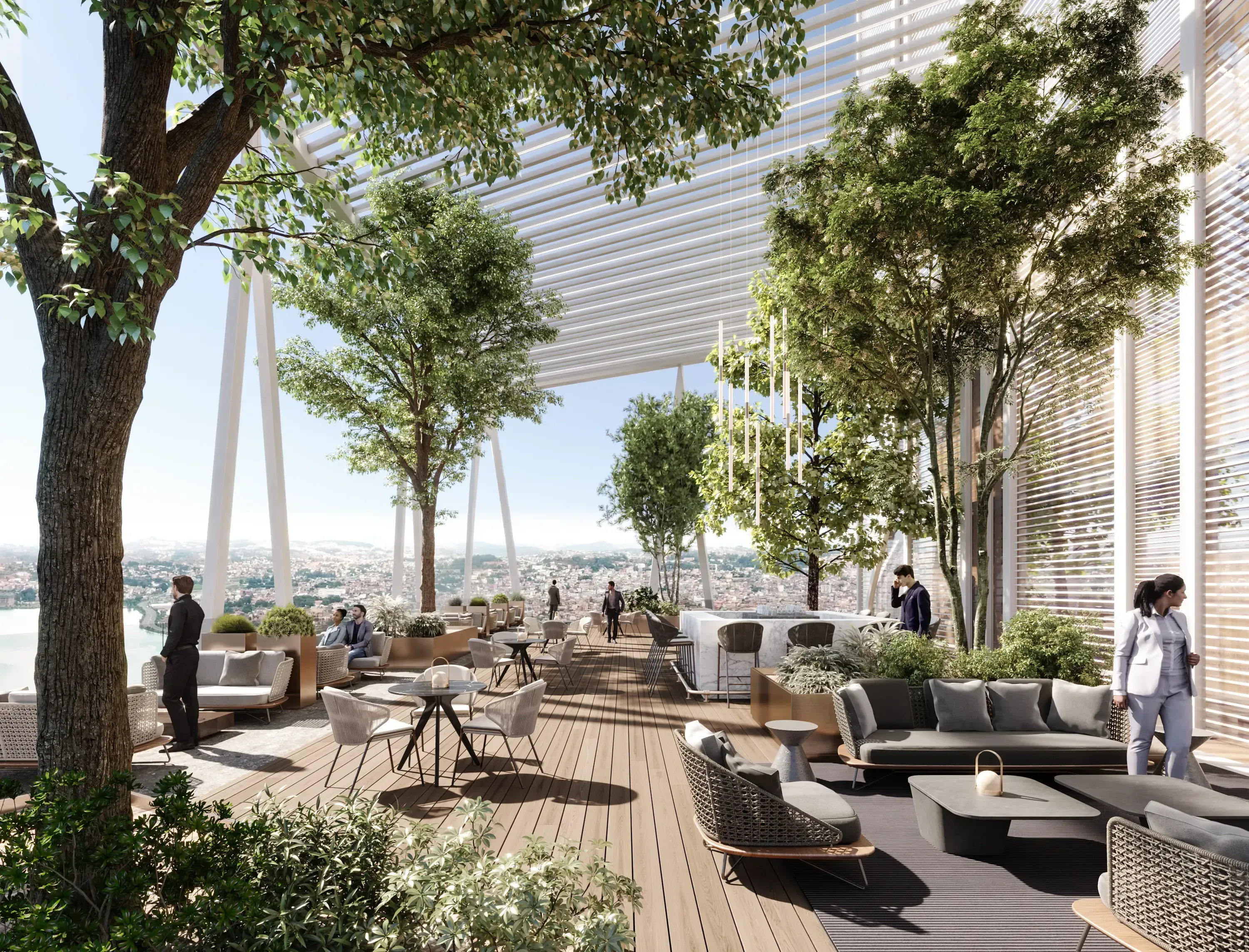 Elevated sky bar at Axian Tower featuring lush greenery, lounge seating, and city views, blending luxury design with nature.