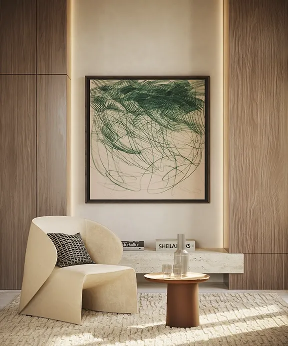 Close-up of a lounge corner with art and texture.