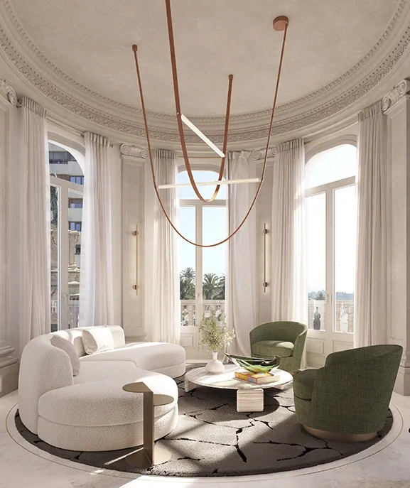 Circular living room with Mediterranean views and timeless elegance.
