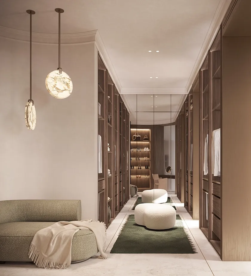 Dressing room with bespoke cabinetry and soft natural light.