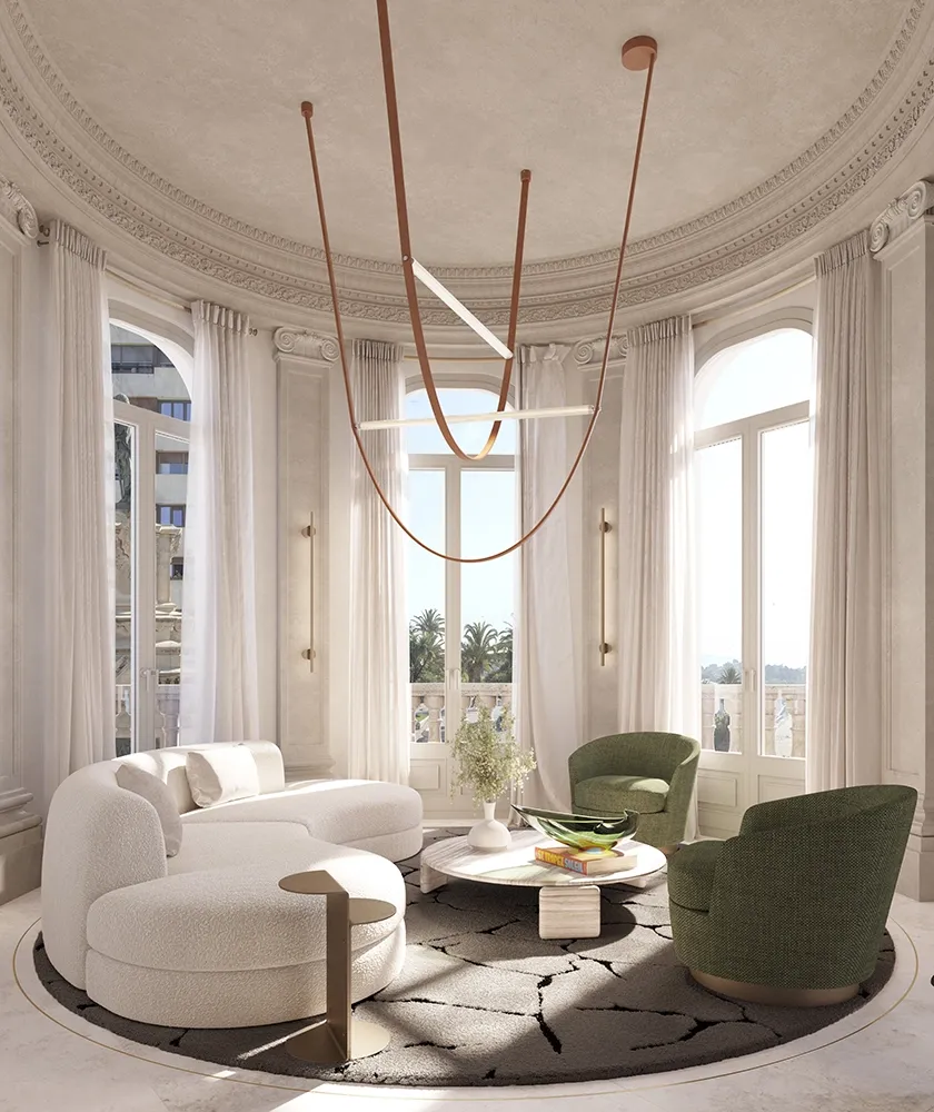 Circular living room with Mediterranean views and timeless elegance.
