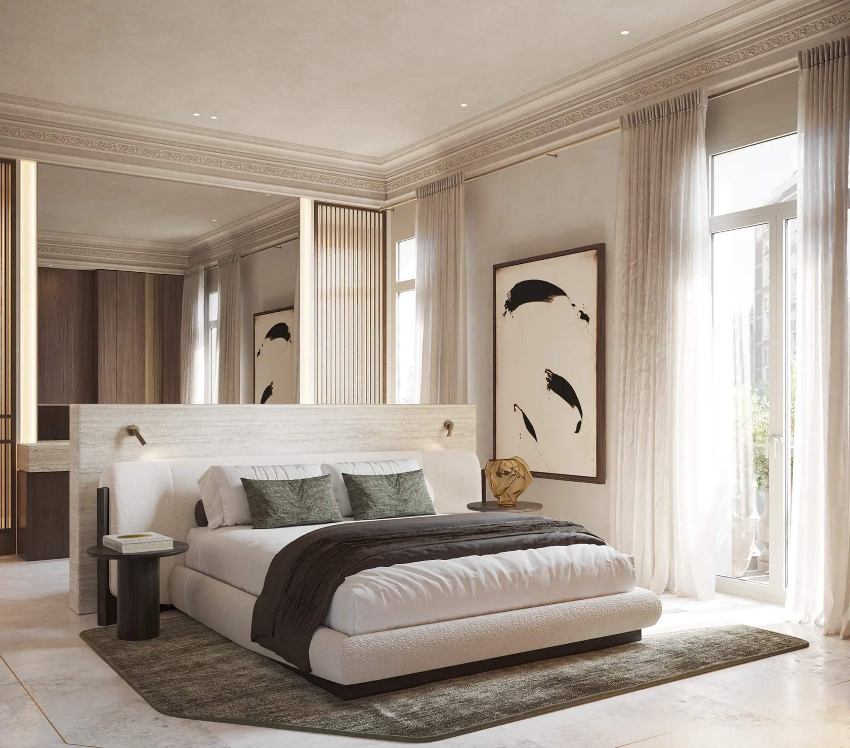 Spacious and serene bedroom defined by light and proportion.