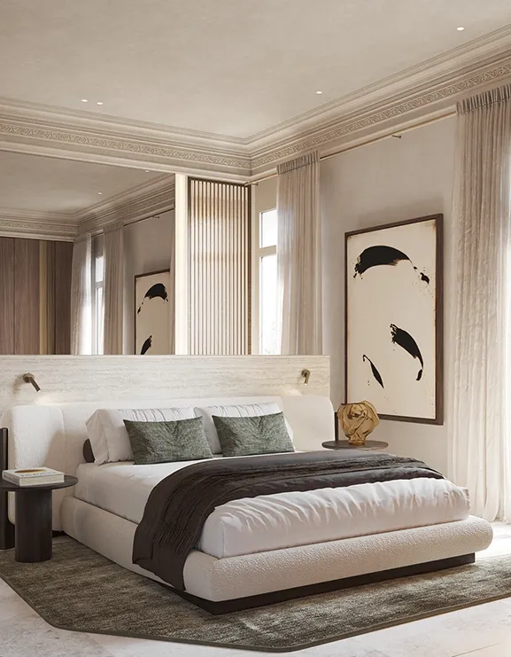Spacious and serene bedroom defined by light and proportion.