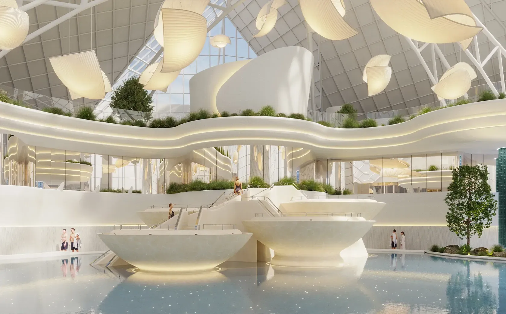 Luxury wellness center facade with bold architectural shapes, water elements, and surrounding mountain views.