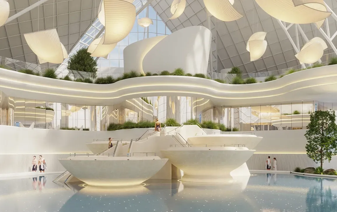 Luxury wellness center facade with bold architectural shapes, water elements, and surrounding mountain views.