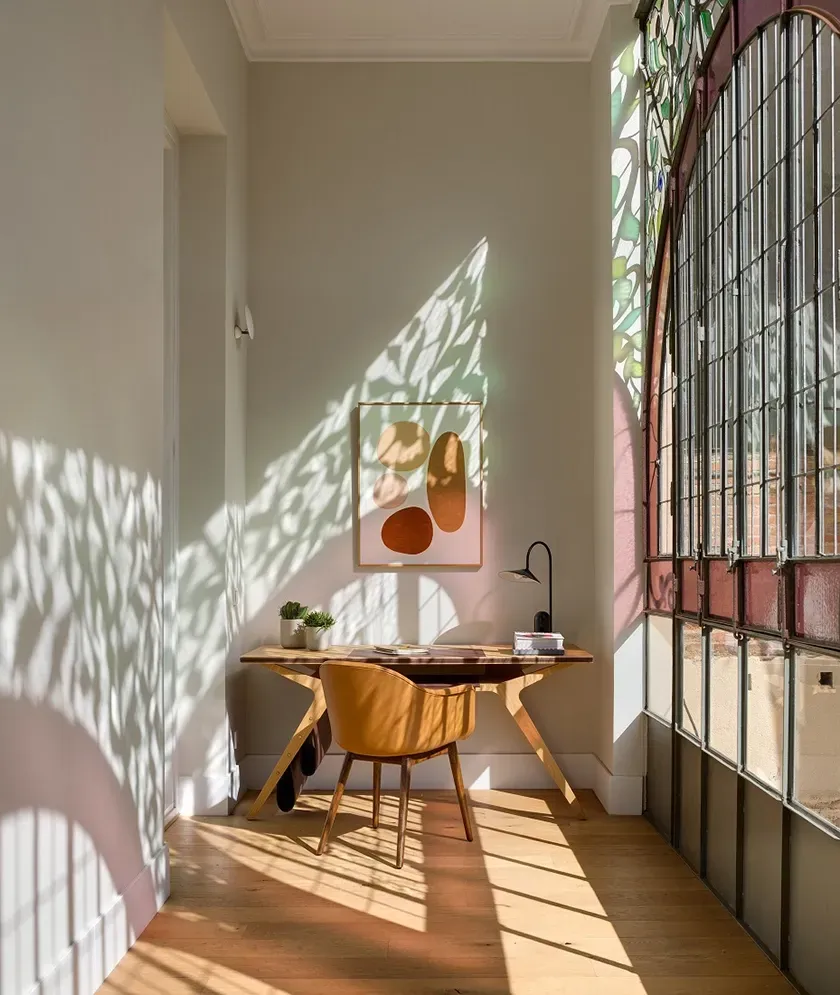 Sunlit home office with wooden desk and leafy shadows cast by stained glass, LUV Studio design.