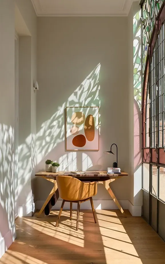 Sunlit home office with wooden desk and leafy shadows cast by stained glass, LUV Studio design.