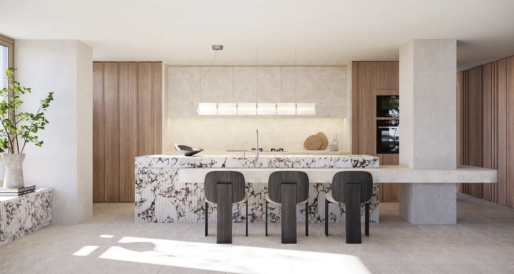 Central marble island with fluted texture