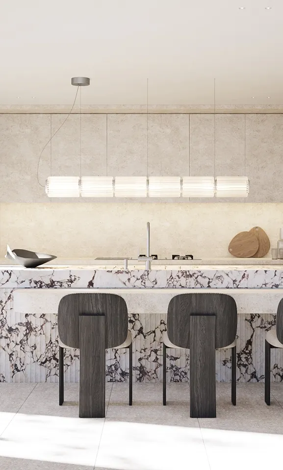 Central marble island with fluted texture