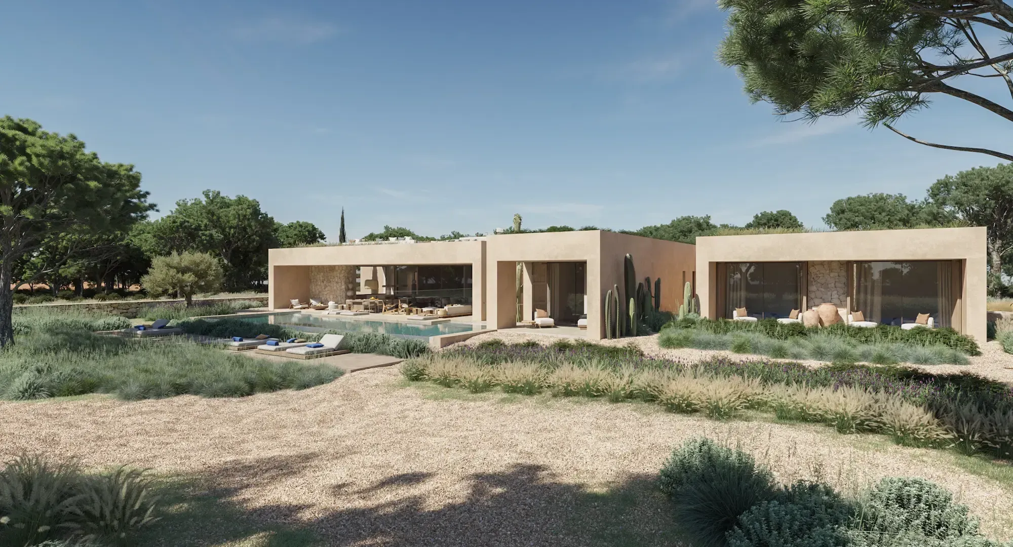 Poolside view of the Formentera villa with open-plan living and rooftop terrace surrounded by greenery.
