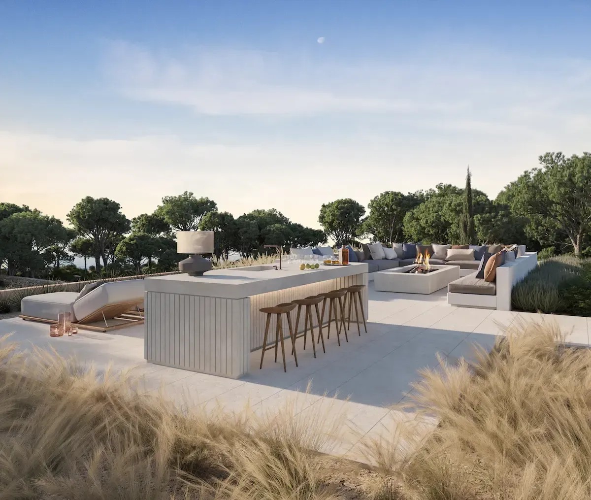 Rooftop terrace with outdoor kitchen, bar seating, and fire pit surrounded by Mediterranean landscape.