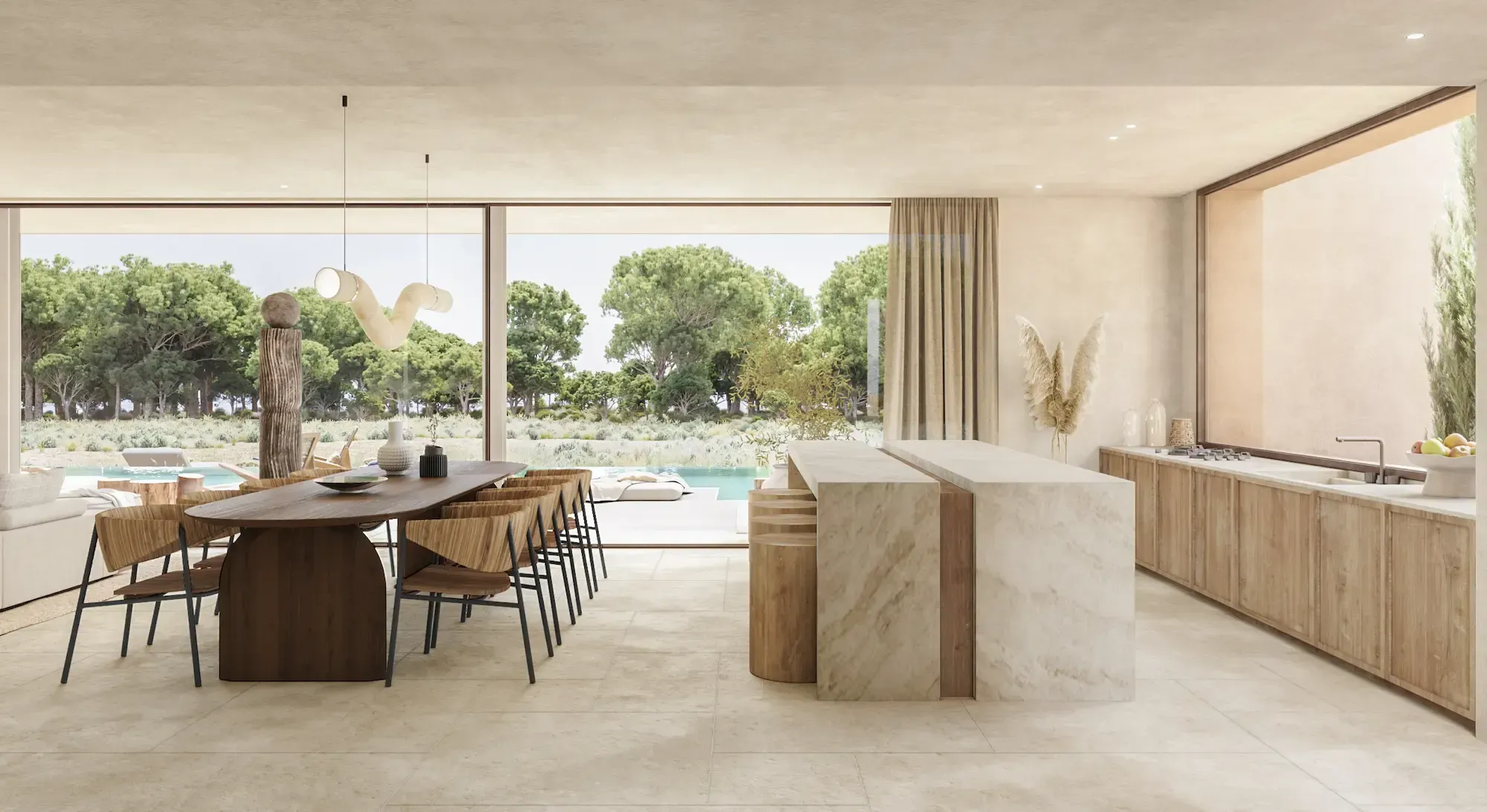 Kitchen and dining room with views of garden and pool through large glass windows.