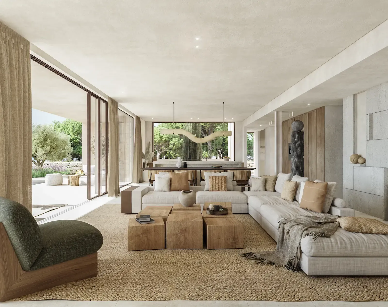 Open-plan living and dining area with natural textures and sculptural décor.