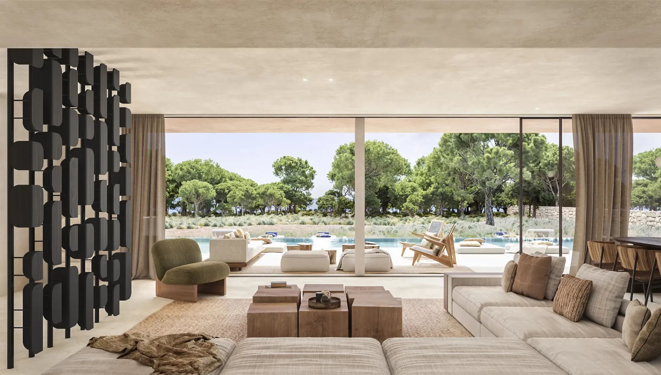 Modern living room with sofa, lounge chairs and pool view framed by floor-to-ceiling glass.
