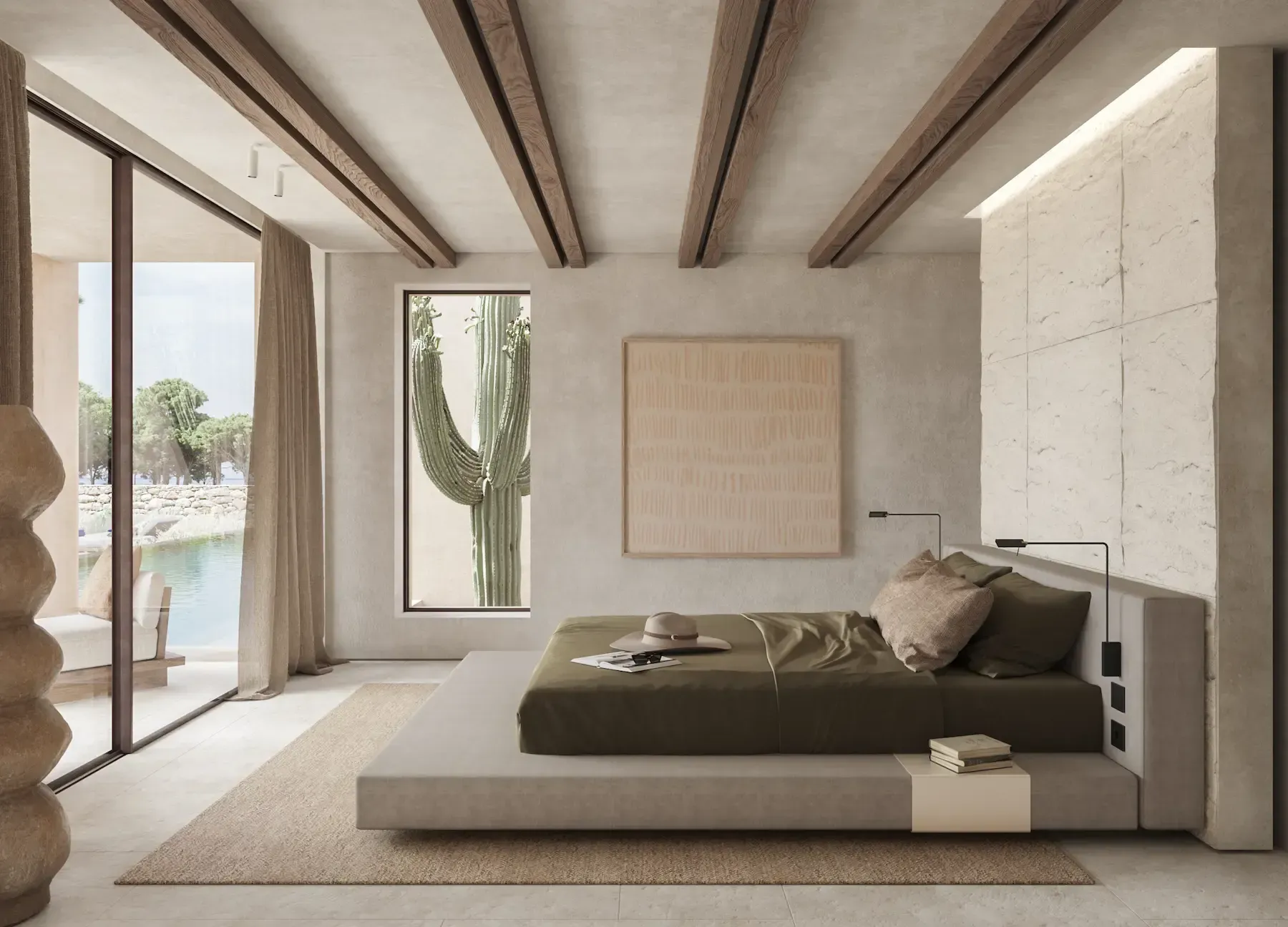 Elegant bedroom with minimalist bed, cactus view and neutral palette.