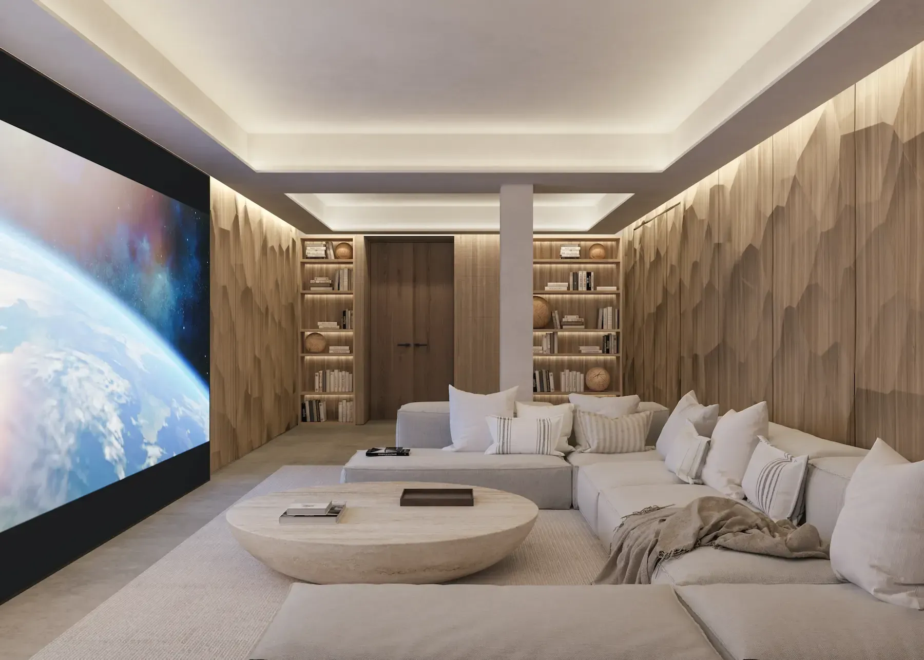 Home cinema room with large screen, wood accents and cozy sectional seating.