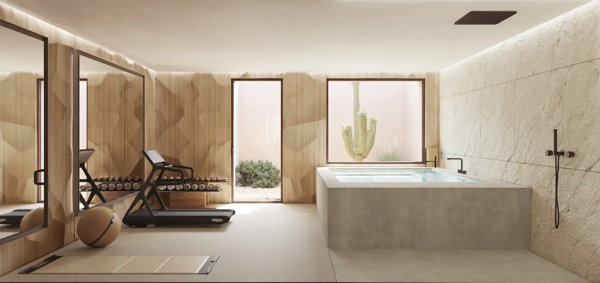 Private gym with spa-style hot tub, wood paneling and desert views.