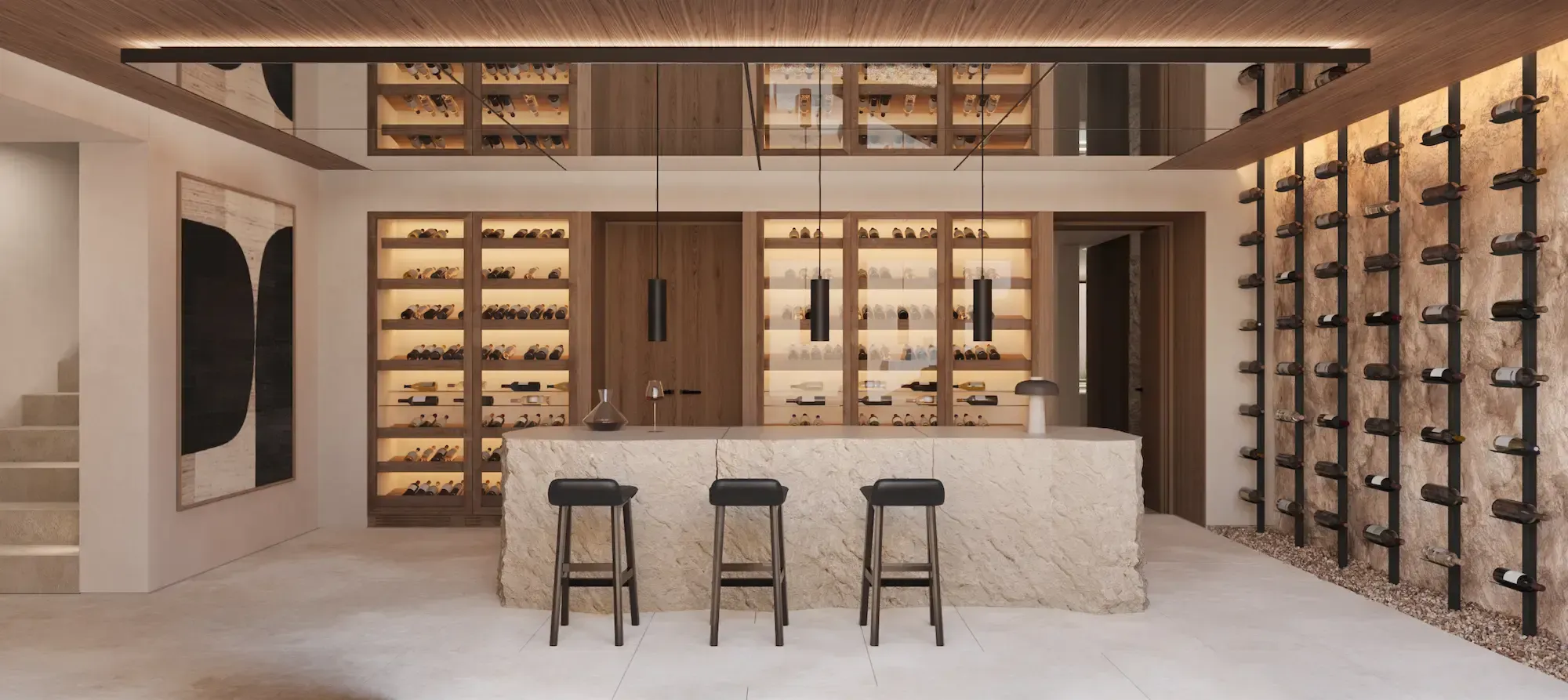 Luxury wine cellar with stone island, custom lighting and built-in wine racks.