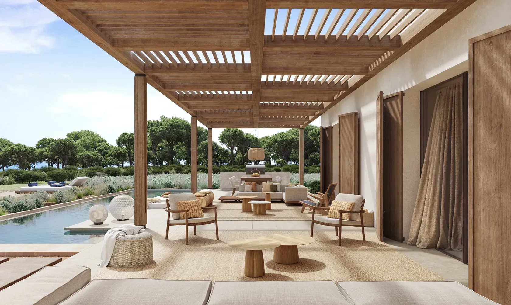 Shaded terrace with poolside seating and warm-toned wood details defining Mediterranean luxury.