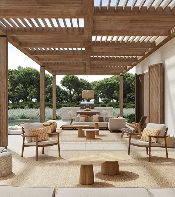 Shaded terrace with poolside seating and warm-toned wood details defining Mediterranean luxury.