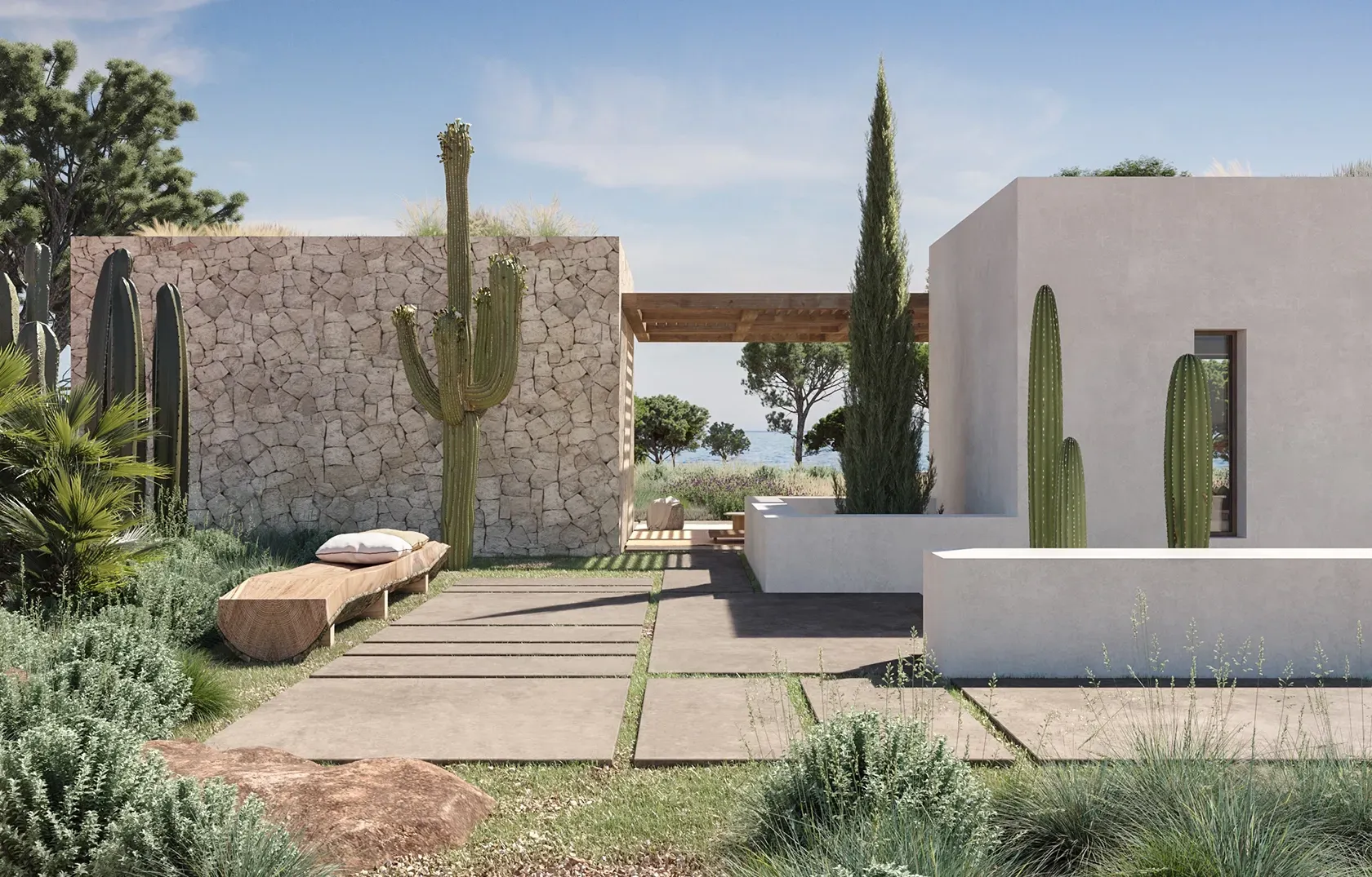 Cactus-lined walkway connecting villa volumes, showcasing refined desert-inspired architecture.