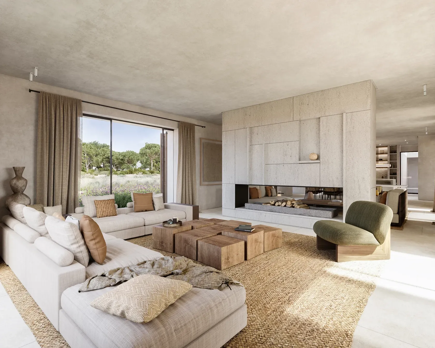 Cozy living area with layered textures, a modern fireplace, and scenic landscape views.