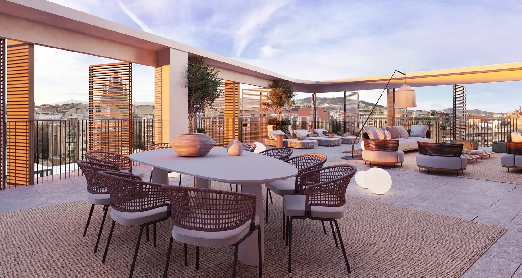 Elegant rooftop terrace with outdoor dining area, modern loungers, and sunset views framed by architectural pergolas and warm lighting.