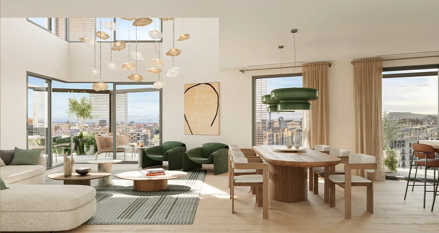Double-height living room with sculptural lighting, bold green armchairs, and expansive views from terrace-level windows.