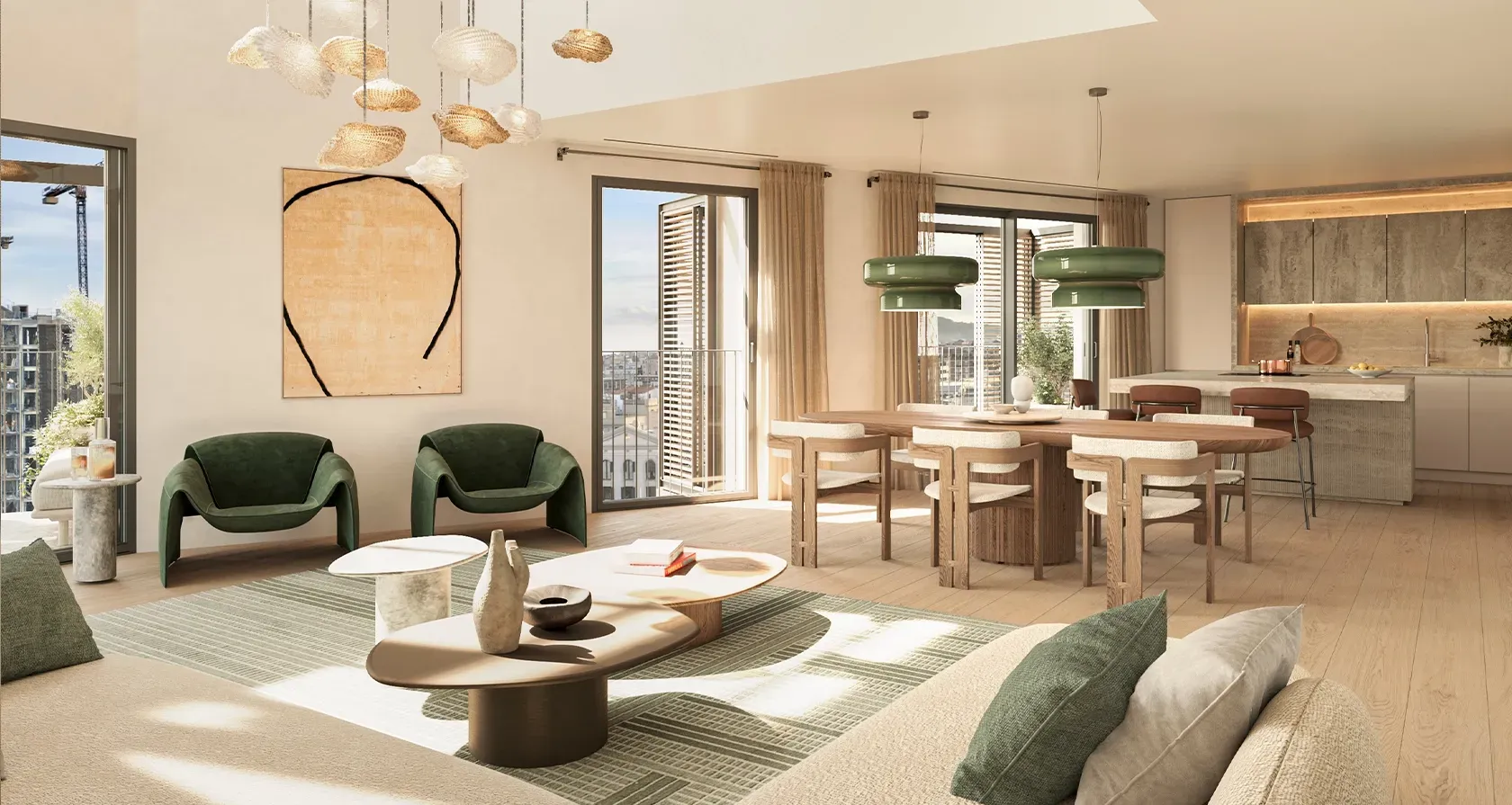 Open-concept living and dining area with natural light, green pendant lamps, textured finishes, and a connection to the terrace.