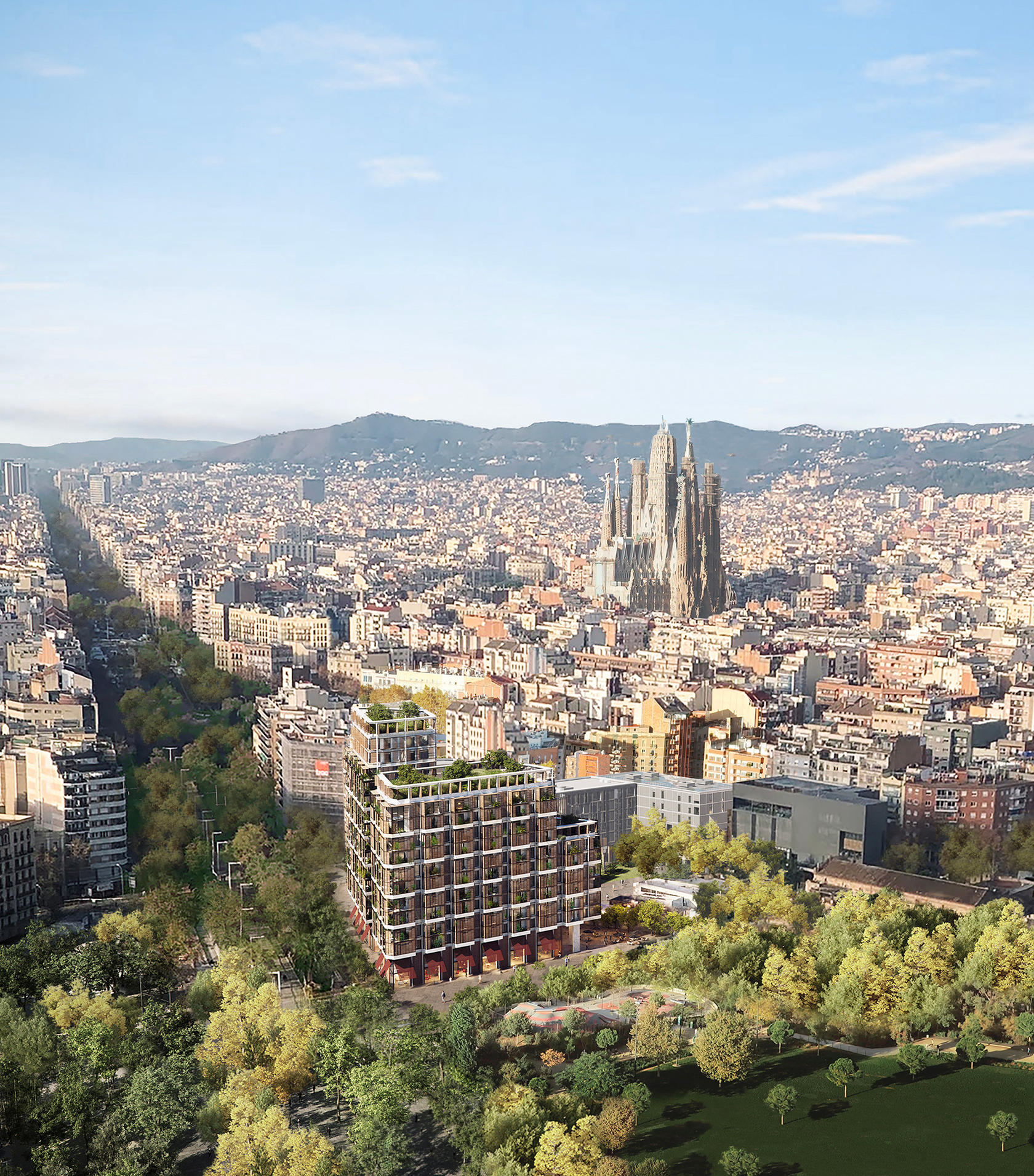 Aerial view of a contemporary residential building in Barcelona, with rooftop gardens, near the Sagrada Família and surrounded by green urban spaces.