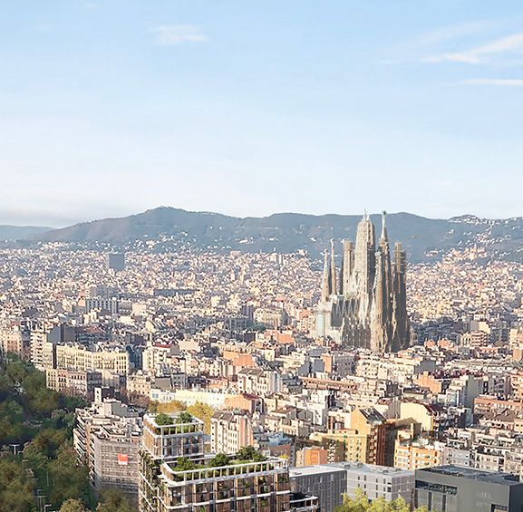 Aerial view of a contemporary residential building in Barcelona, with rooftop gardens, near the Sagrada Família and surrounded by green urban spaces.