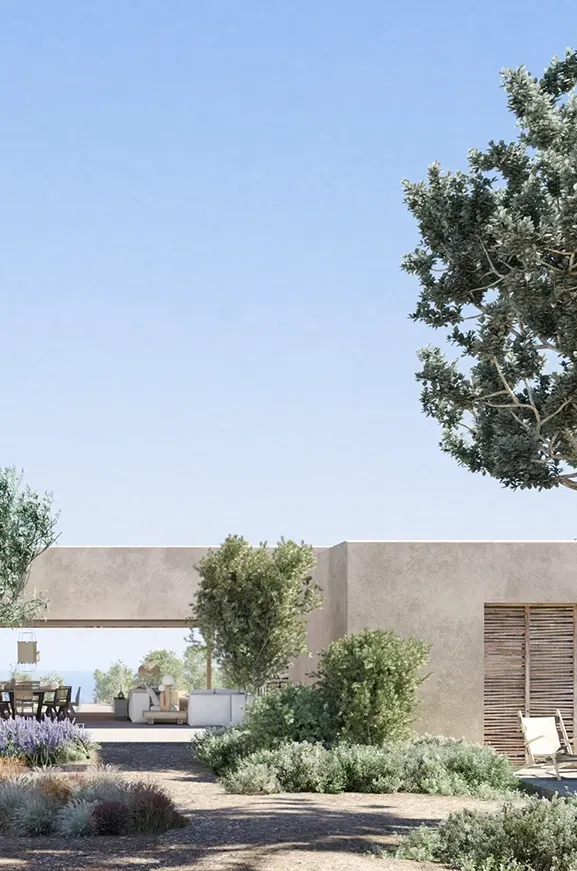Modern stone and stucco villa façades surrounded by native trees and minimalist garden design in Ibiza.