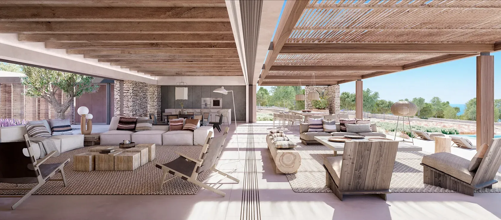 Open-plan living and dining space under wood beam ceiling with natural textures and sea view in Ibiza.