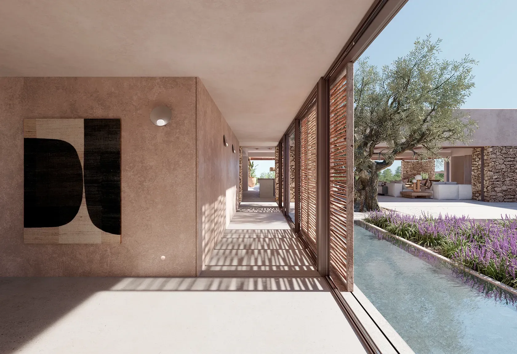 Architectural corridor with wood shutters and reflecting pool overlooking lush Mediterranean landscaping.