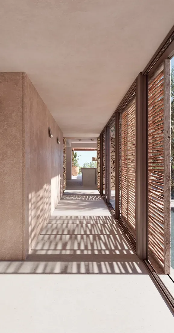 Architectural corridor with wood shutters and reflecting pool overlooking lush Mediterranean landscaping.
