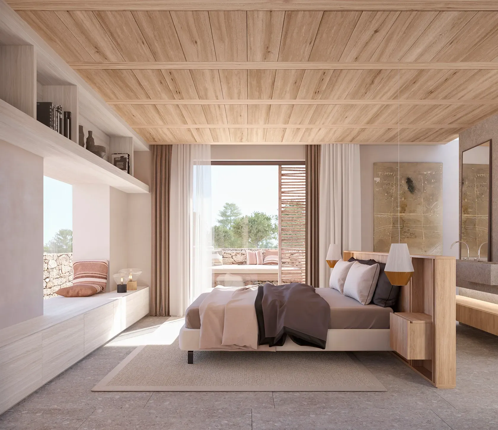 Elegant bedroom with wooden ceiling, stone flooring and integrated terrace in a LUV Studio-designed villa.