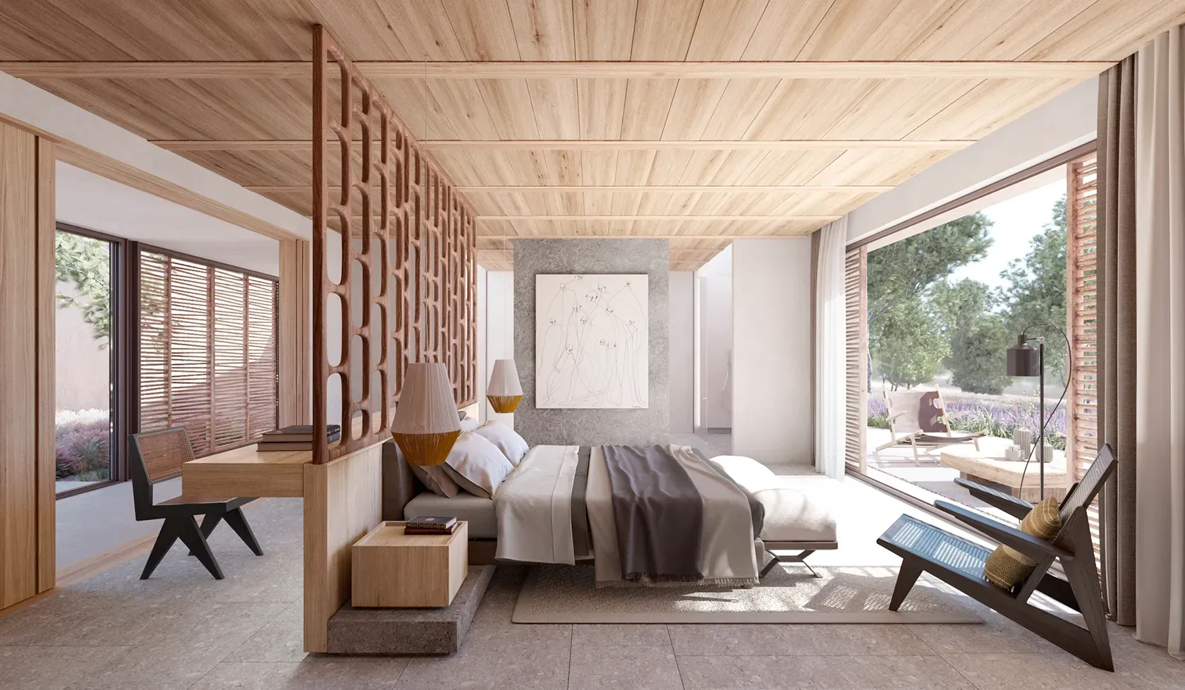 Warm and serene suite interior in Ibiza villa by LUV Studio, featuring natural wood finishes and open garden views.