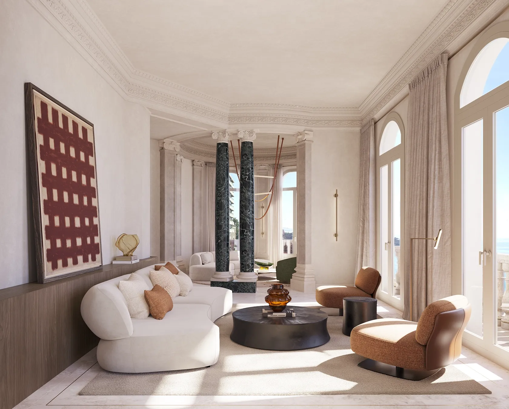 Interior view of Casa Rosell after refurbishment, showcasing restored classical mouldings, marble columns and contemporary furniture in a light-filled historic living space in Tarragona.