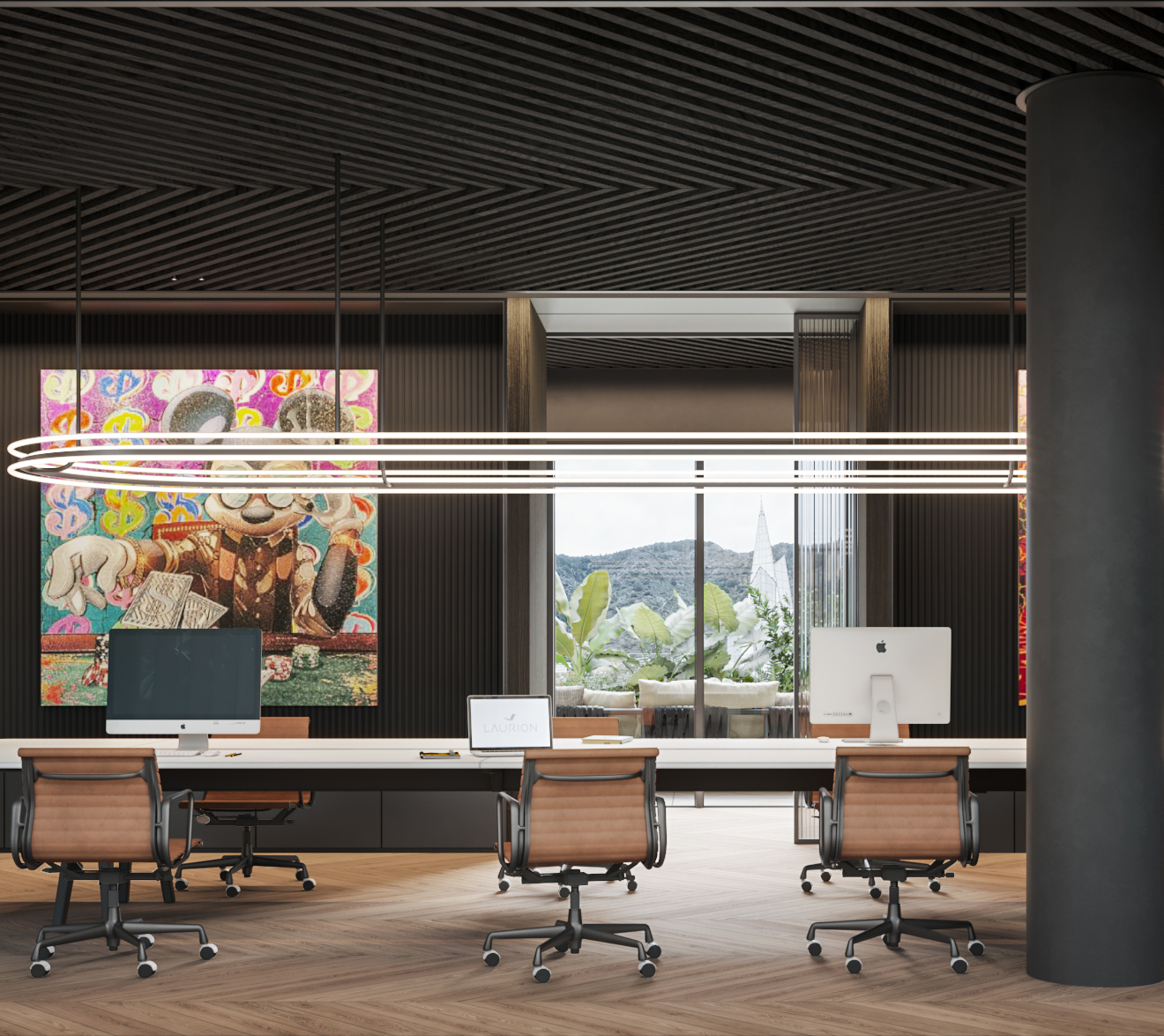 Contemporary open-plan office with shared desks, modern lighting, pop art on dark walls, and built-in bookshelves at LUV Studio Andorra.
