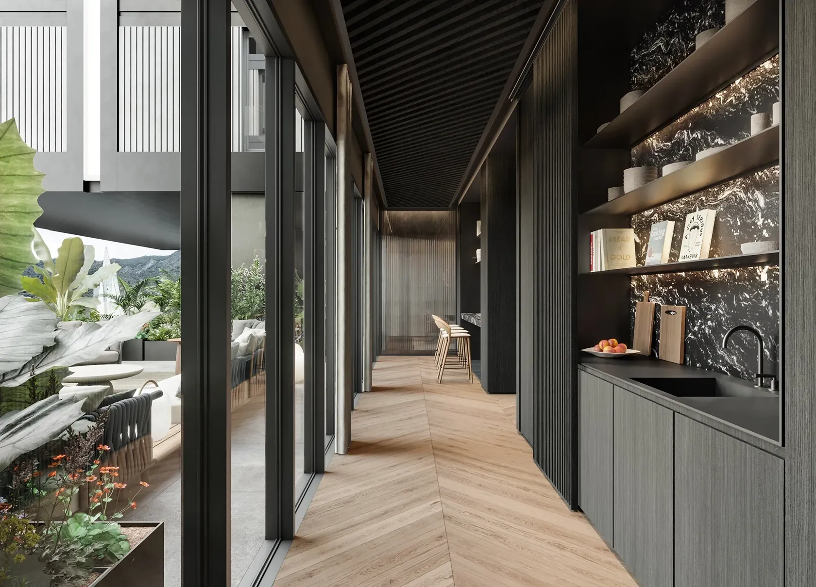 Modern corridor kitchen with wood flooring and open shelving facing lush terrace in LUV Studio Andorra workspace.