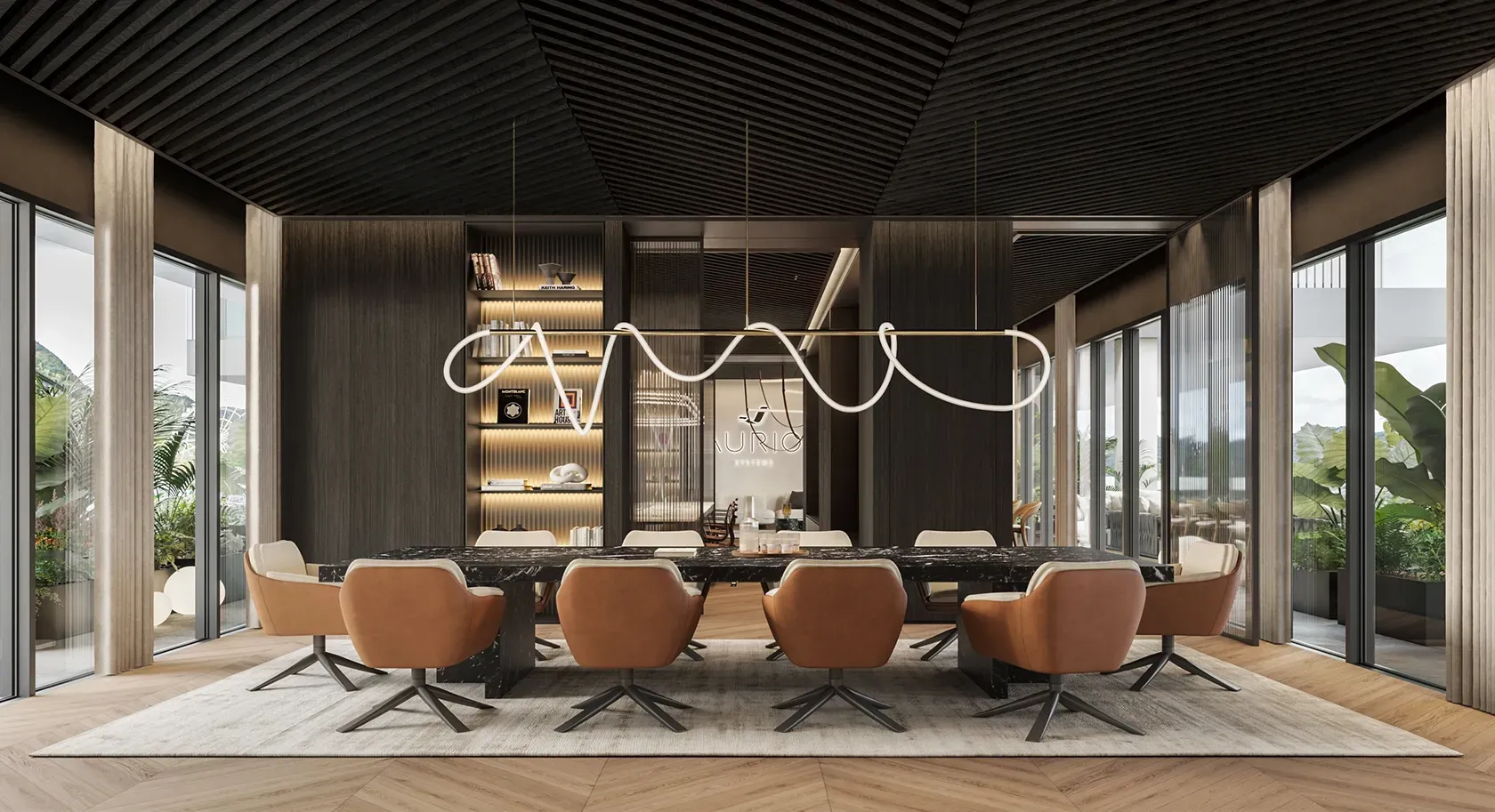 Sophisticated boardroom with black marble table and tan leather chairs in LUV Studio's luxury Andorra office.