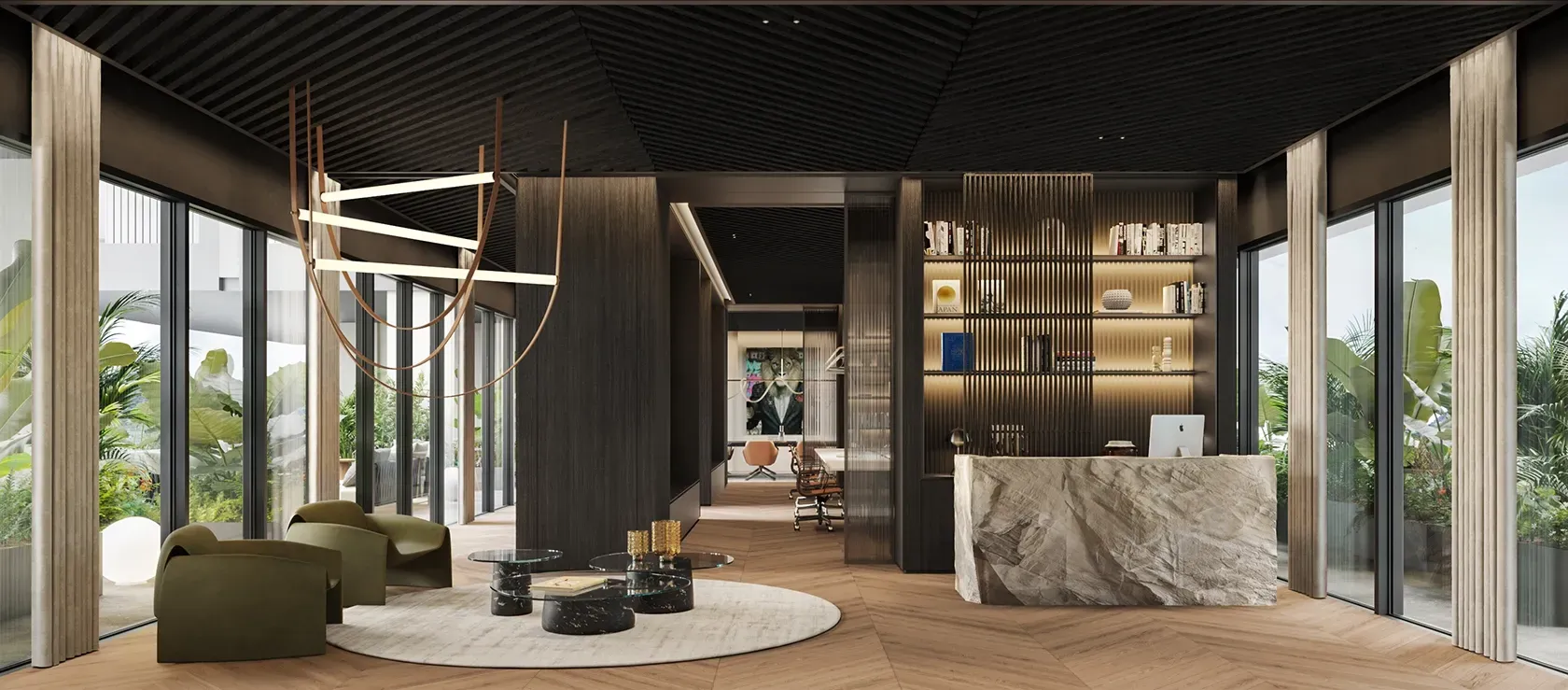 Open office entrance with marble desk and custom shelving at LUV Studio’s luxury Andorra headquarters.