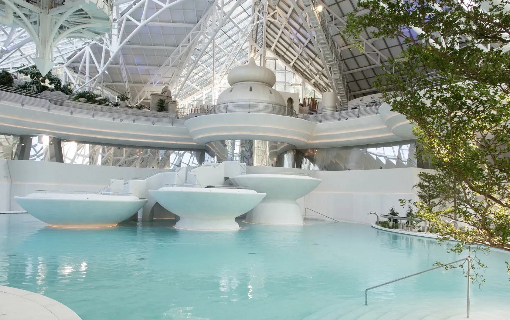 Interior pool area with vaulted ceiling, ambient lighting, and luxury wellness architecture.