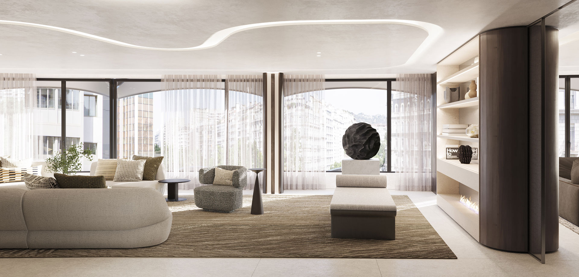 Elegant dining area with contemporary architecture, natural light and refined luxury interior by LUV Studio.