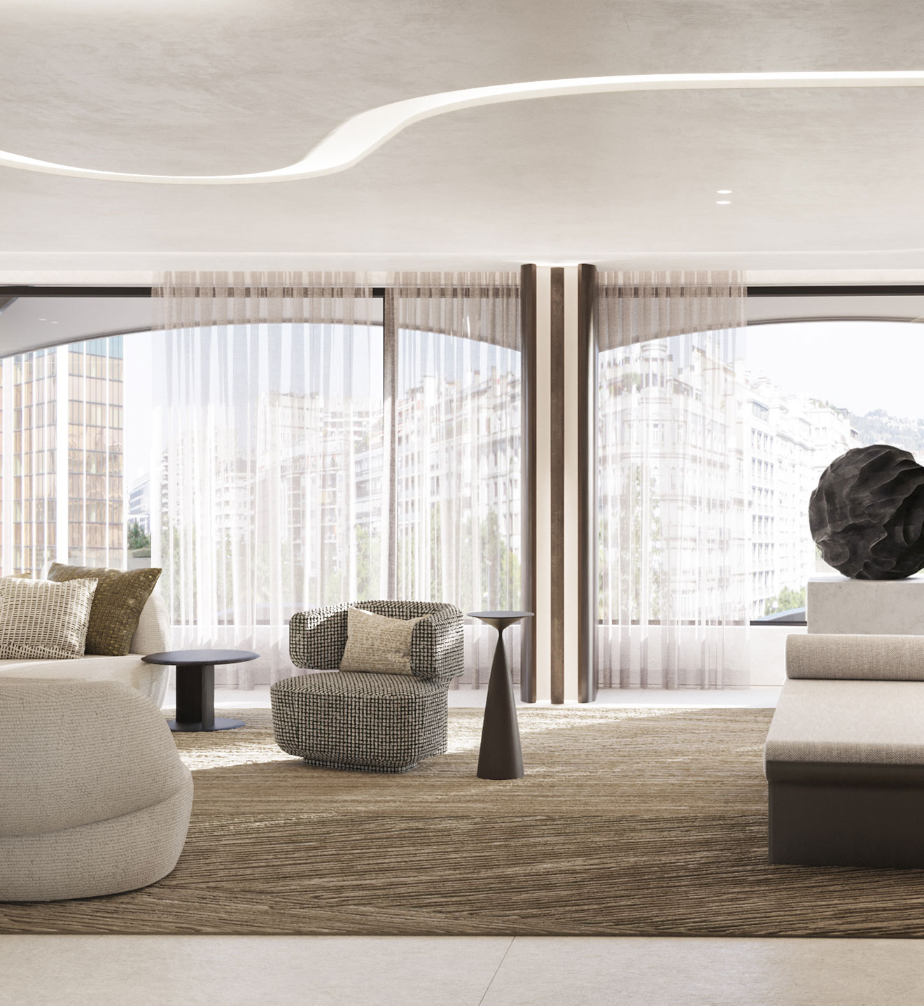 Minimalist living room design featuring modern furniture and soft neutral tones, reflecting elegant luxury architecture.