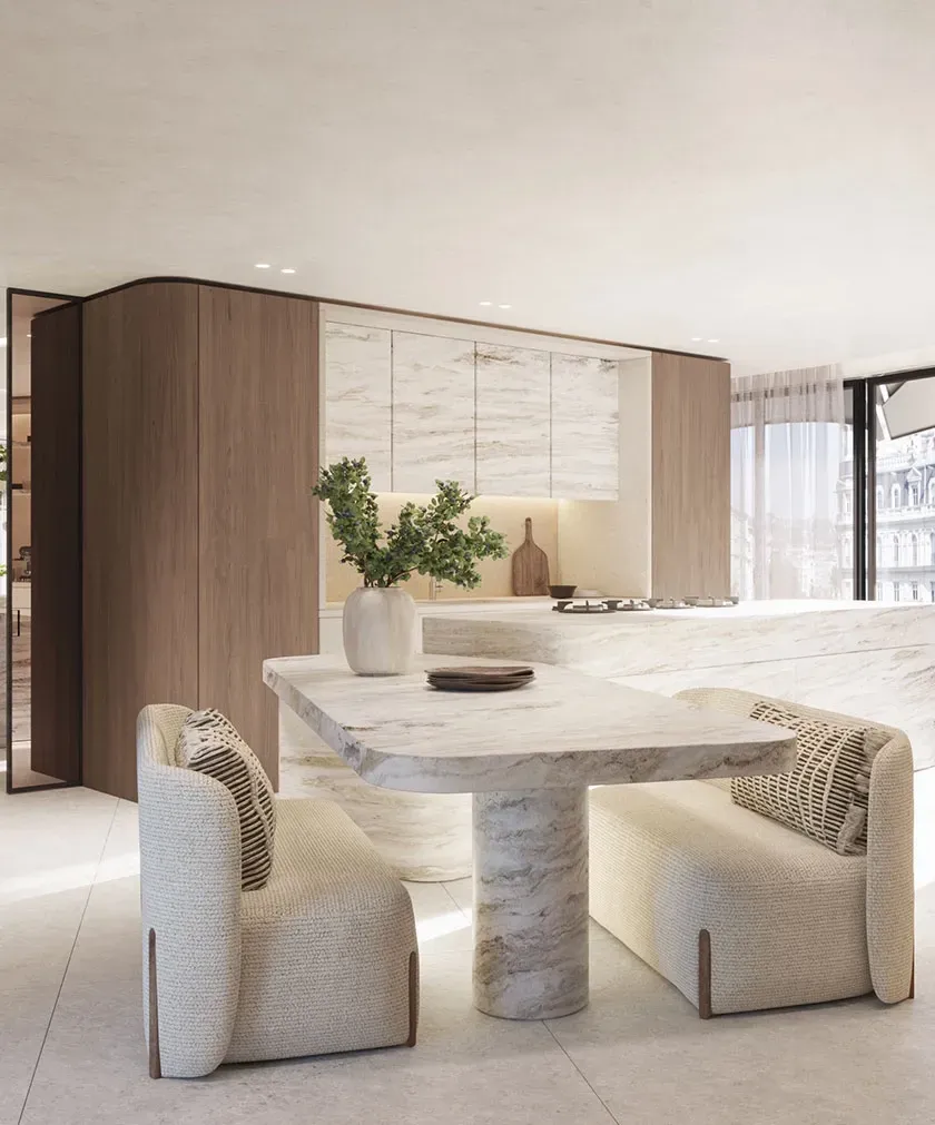 Stylish rooftop terrace with custom seating, shade sails and greenery, offering luxury outdoor living.