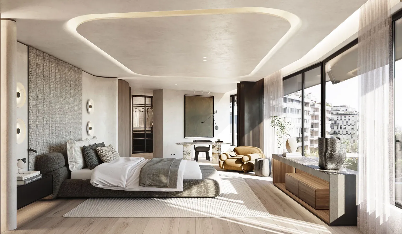 Infinity rooftop pool with panoramic views of Barcelona, blending luxury living with modern architecture.